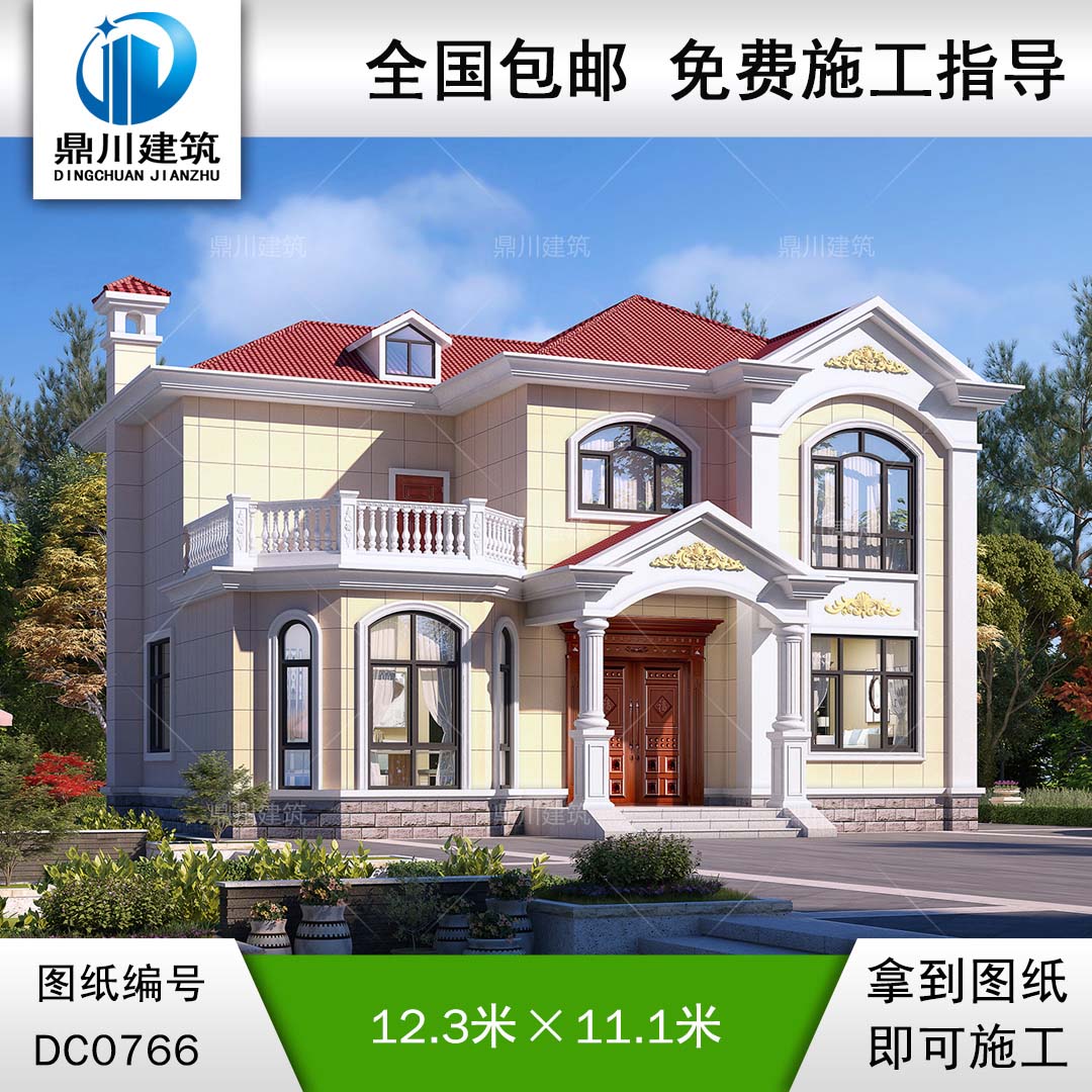 歐式二層帶露臺別墅施工圖紙及效果圖_農村自建房設計,鼎川建筑