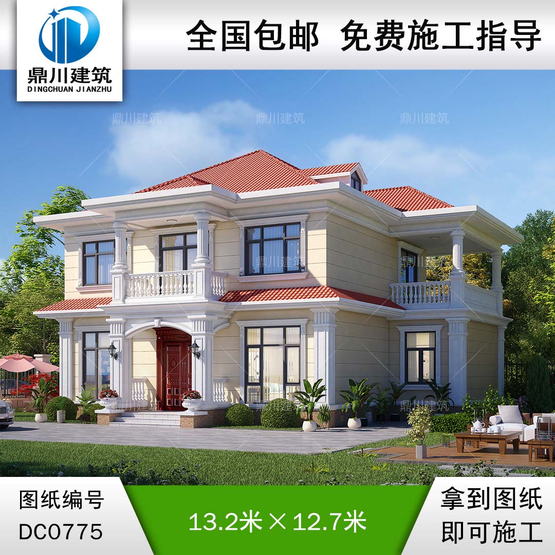 歐式二層帶陽臺別墅圖紙及效果圖_新農村自建房設計,鼎川建筑