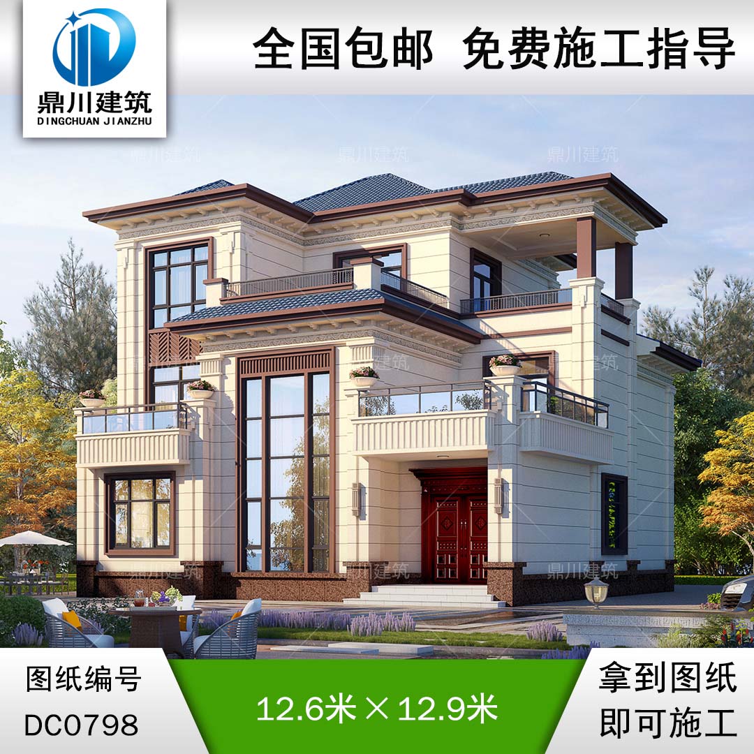 新中式三層旋轉樓梯別墅施工圖紙及效果圖_新農(nóng)村自建別墅設計,鼎川建筑