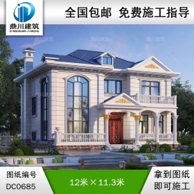 歐式二層帶陽臺復式別墅效果圖及施工圖紙_新農村兩層實用自建房戶型設計,鼎川建筑