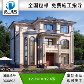 大氣的三層挑空客廳別墅施工圖紙及效果圖_新農村自建房設計,鼎川建筑