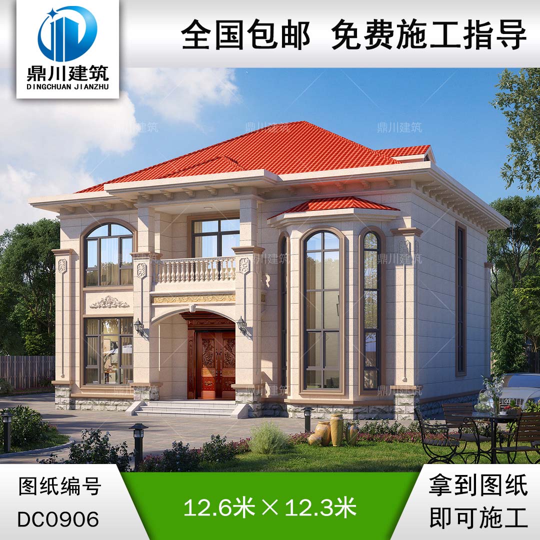 歐式二層帶陽臺復式小別墅效果圖及施工圖紙_農村自建房設計,鼎川建筑