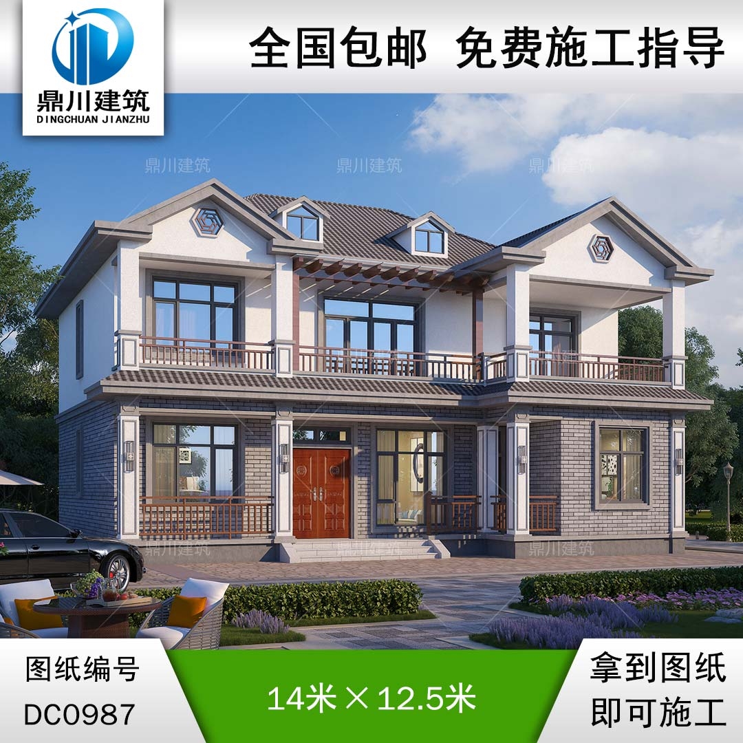 二層新中式帶陽臺別墅施工圖紙及效果圖_新農(nóng)村自建房設(shè)計,鼎川建筑