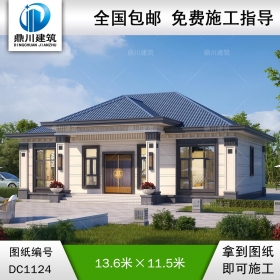 新中式一層別墅施工圖紙及外觀效果圖_農(nóng)村自建房設(shè)計,鼎川建筑