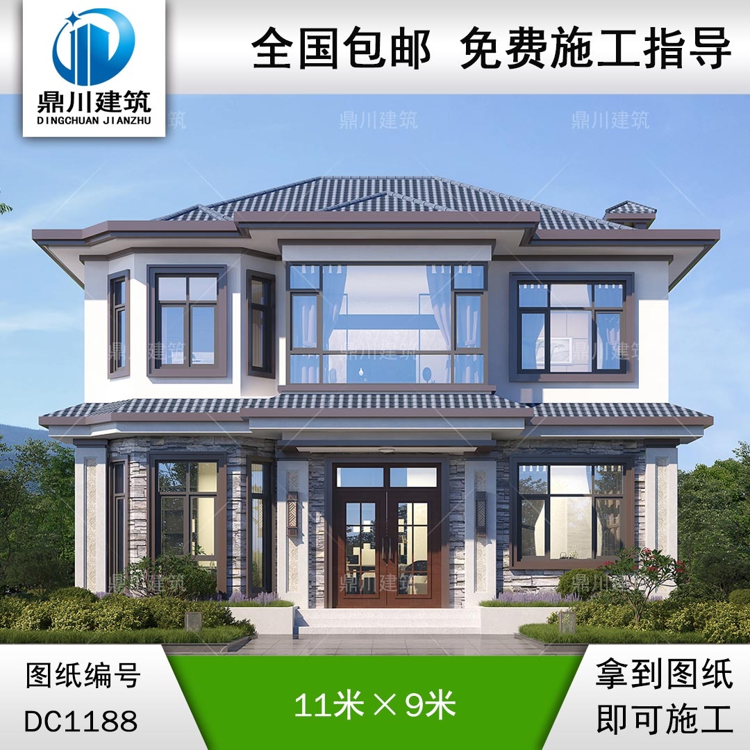 新中式二層實用別墅圖紙及外觀效果圖_農村自建別墅設計,鼎川建筑