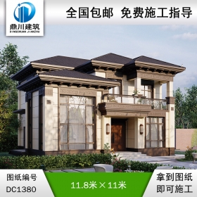 新中式二層別墅效果圖及施工圖紙_農(nóng)村自建別墅設計,鼎川建筑